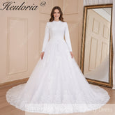 HEULORIA Muslim ball gown Wedding Dress long sleeve round neck plus size robe de mariee Lace beading bride dress court train BA-570